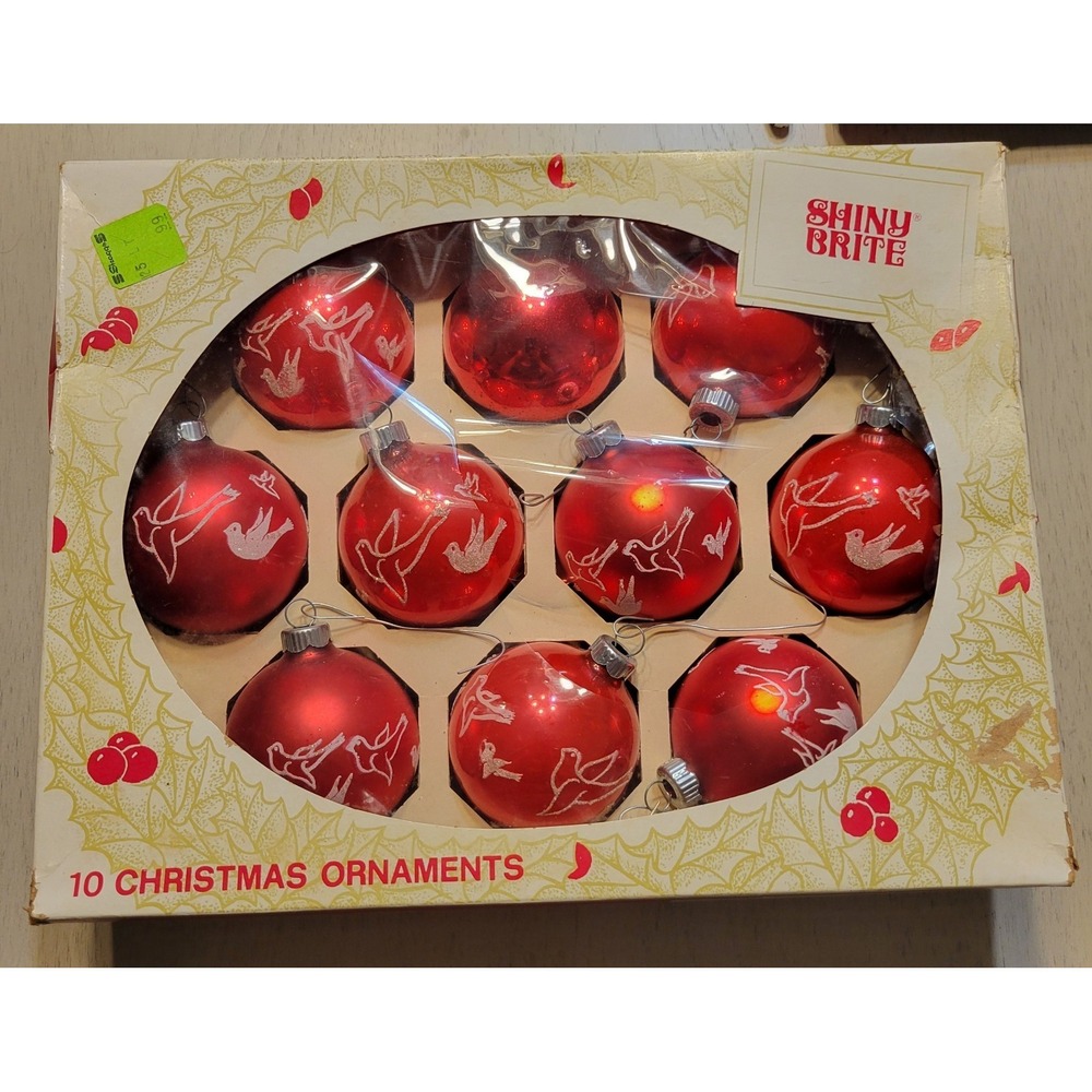 Vintage Christmas Red/White Doves Shiny Brite Bulbs With Box - Read